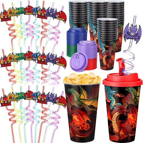 Vista 27 de Yungyan 16 juegos de tazas de golosinas con tapas y pajitas para decoraciones de cumpleaños, reutilizables, 16 onzas, vasos de plástico para dulces