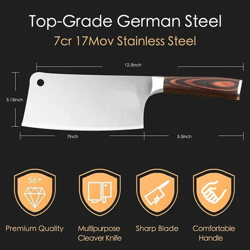 Vista 3 de Cuchillo de carnicero profesional de acero inoxidable 7CR17MOV de 7 pulgadas, mango ergonómico de madera de Pakka con afilador de cuchillos