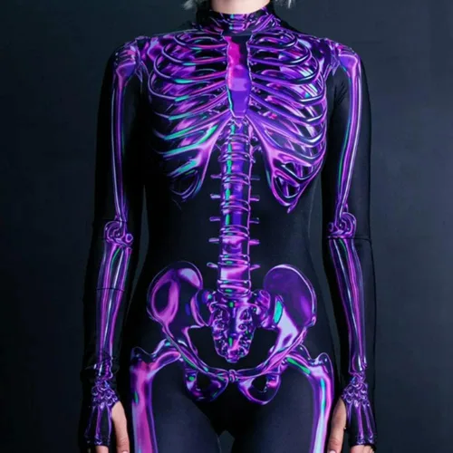 Vista 4 de ACHIFSJOVT Disfraces de Halloween para mujeres y niñas, disfraz de esqueleto rosa, cosplay, para mujer, niña y bebé, divertido