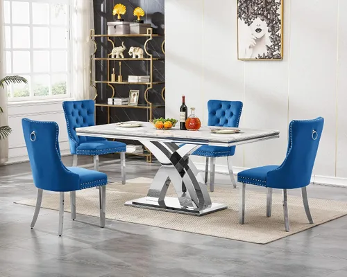 Vista 29 de Juego de mesa de comedor de cristal plateado moderno de 70 pulgadas para 4, juego de mesa de comedor rectangular de 5 piezas con patas de acero