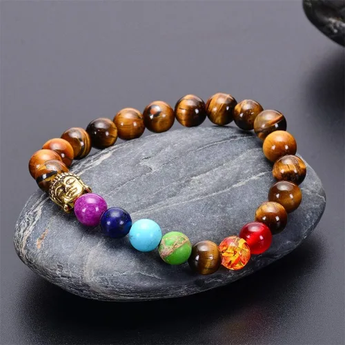 Vista 4 de Brazalete GelConnie de piedras de lava, 7 chakras, 0.32 pulgadas, piedra natural, para curación, alivio del estrés, yoga, ansiedad, aromaterapia