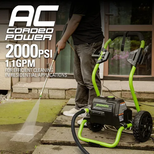 Vista 5 de Greenworks - Lavadora eléctrica de 2000 PSI (1.1 GPM máximo) (25°, 40°, boquilla de jabón) para uso en cubiertas, vallas, patios de hormigón, aceras