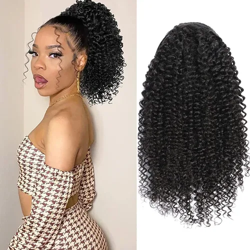 Vista 31 de Cola de Caballo de Cabello Humano Corto Rizado Crespo Envolvente con Clips Extensiones de Cola de Caballo de Pasta Mágica 120g/juego Pieza
