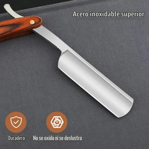 Vista 2 de Navaja de afeitar recta con estropajo - Afeitadora profesional de borde recto de acero inoxidable premium para barbero con estropajo para aseo