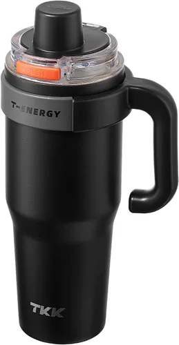 Vista 12 de TKK Vasos aislados de 40 onzas con asa y pajilla, taza de viaje de acero inoxidable con revestimiento de cerámica, taza de café helado de doble