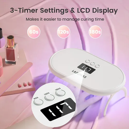 Vista 3 de LASONAS Lámpara de uñas LED UV para esmalte de gel de 24 W, luz UV, 3 ajustes de temporizador, secado rápido, mini lámpara de curado portátil