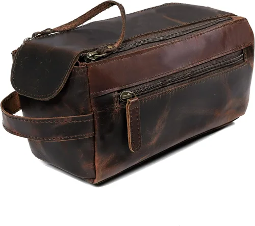 Vista 8 de Bolsa de aseo unisex de cuero de búfalo genuino, hecha con cuero de búfalo de alta calidad Marrón