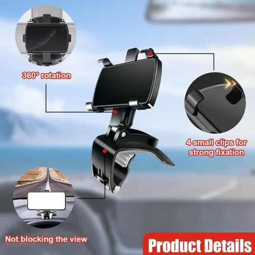 Vista 3 de Soporte para teléfono de coche, soporte giratorio de 360° ABS para espejo retrovisor automático con clip de base antideslizante, soporte