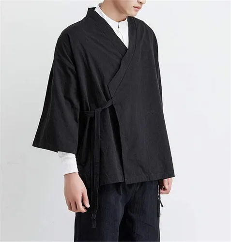 Vista 3 de HZCX FASHION Chaquetas tipo kimono para hombre, bata ligera de algodón y lino, cárdigan samurái