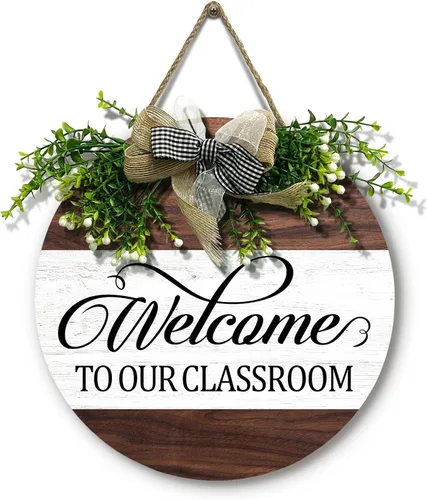 Vista 24 de Señal de puerta de maestro para aula Dacawin Señal de puerta de aula de madera para maestros Guirnalda de arco iris para puerta de aula Placa