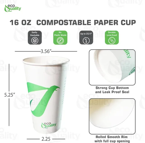 Vista 3 de EcoQuality Vasos de papel compostables de 16 onzas, tazas de café de papel blanco biodegradables desechables con forro de ácido poliláctico (PLA)