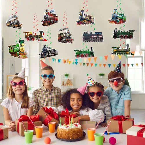 Vista 4 de Decoraciones retro para fiesta de tren de vapor, suministros de decoración de fiesta de cumpleaños, incluye pancarta de feliz cumpleaños, remolinos