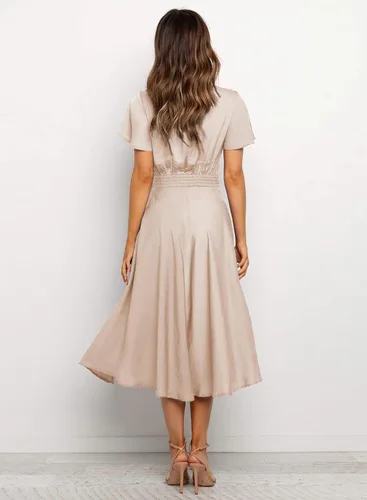 Vista 6 de miduo - Vestido largo de satén con cuello en V, volantes, manga corta, lazo frontal, cintura alta, longitud por debajo de la rodilla y acampanado