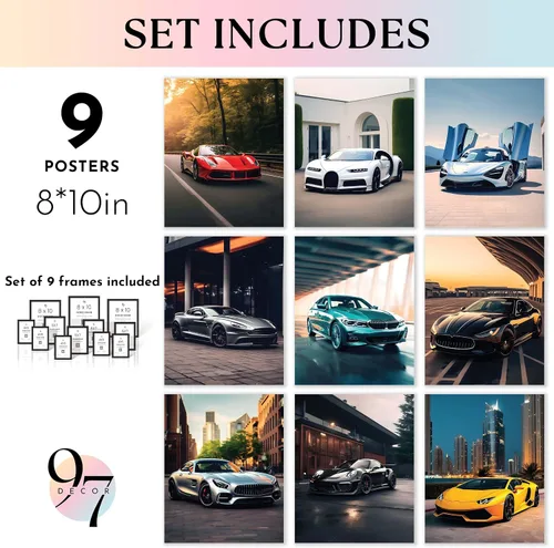 Vista 2 de 97 DECOR Pósteres ENMARCADOS de Super Coches para Habitación de Niños - Impresiones Modernas de Arte de Pared de Coches, Póster de Coche Deportivo