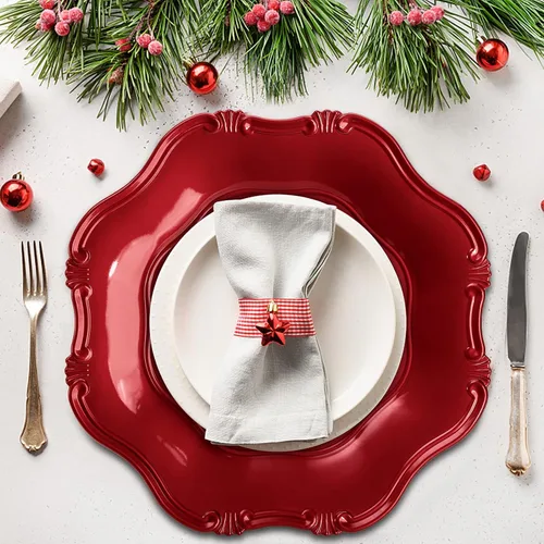 Vista 5 de ZOOFOX Juego de 12 salvamanteles rojos, salvamanteles metálicos de 13" con bordes festoneados para plato de cena, platos de servicio decorativos