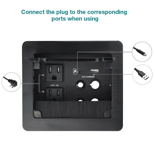 Vista 2 de Caja de conectividad para cable de cepillo de mesa con 2 alimentación de CA + 1 cargador USB-A + 1 cargador USB-C + 4 agujeros para cables con cable