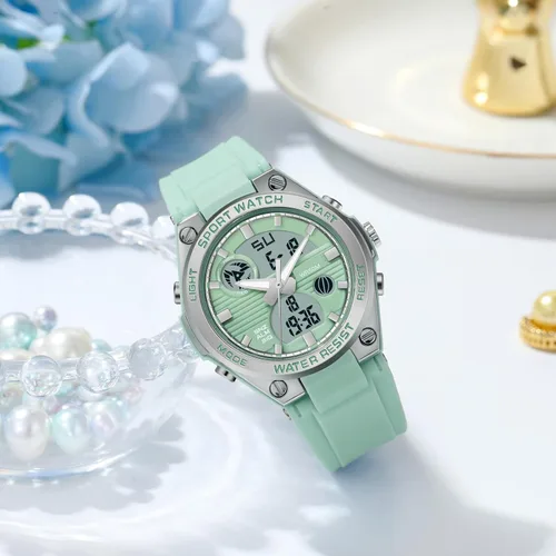 Vista 2 de Relojes de pulsera para mujer, digital, 5 bares, impermeables, con retroiluminación LED, correa colorida, alarma analógica