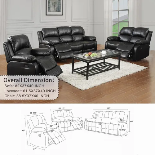 Vista 3 de Sofá reclinable de cuero negro, juego de muebles para sala de estar para el hogar, oficina, sofá reclinable Maunal con panel negro abatible, 1 pieza