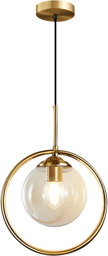 Vista 10 de BOKT Luz colgante de globo de vidrio de burbujas transparente, círculo dorado cepillado, iluminación colgante redonda de mediados de siglo, moderna