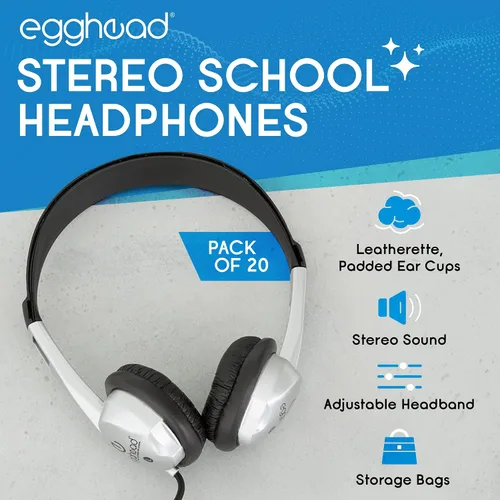Vista 2 de Egghead Auriculares escolares estéreo con cojín de piel sintética (paquete de 20), negro/plateado