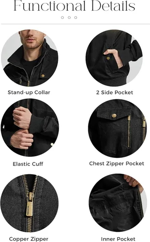 Vista 5 de Wantdo Chaqueta militar para hombre, chaqueta bomber casual, cuello alto, chaqueta de lona cortavientos