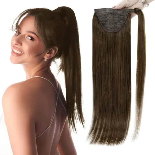 Vista 20 de Extensiones de cabello Full Shine con clip para cola de caballo, cabello humano, tonos medios marrones y rubio miel, envoltura alrededor de la cola