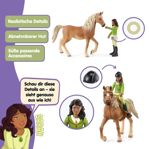 Vista 3 de Schleich Horse Club - Juego de 10 piezas de Sarah and Mystery - Juego de figuras de caballo y jinete con silla de montar y brida extraíbles, figura