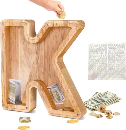 Vista 29 de Alcancía de Madera Personalizada con Letras del Alfabeto, Banco de Monedas con Letras del Alfabeto para Niños, Niñas y Bebés, Tamaño Grande, 26
