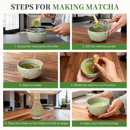 Vista 7 de Juego de batidor de matcha, utensilios de ceremonia de té japonés (8 piezas) con cuenco de matcha con boquilla (19 onzas), batidor de bambú, Verde
