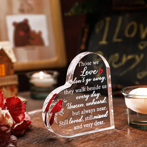 Vista 3 de Regalos conmemorativos por la pérdida del padre o la madre, corazón acrílico conmemorativo de cardenal rojo para duelo, regalos de condolencia
