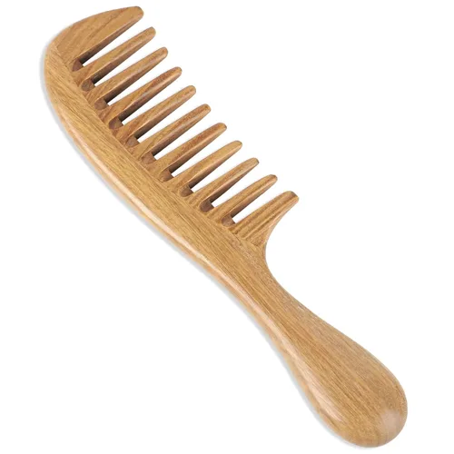 Vista 2 de Onedor Peines de pelo de sándalo verde 100% natural, hechos a mano, con aroma a sándalo antiestático, peine de madera natural desenredante