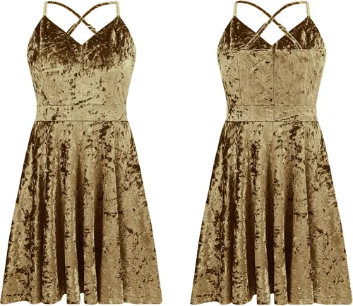Vista 5 de R.Vivimos - Vestido sexy para mujer con tirantes delgados, de terciopelo aplastado, cuello en V, plisado y con vuelo, estilo patinadora