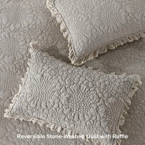 Vista 4 de HORIMOTE HOME Edredón beige con volantes, tamaño individual, microfibra lavada a la piedra, ligera, arrugada, rústica, desgastada, elegante, 2