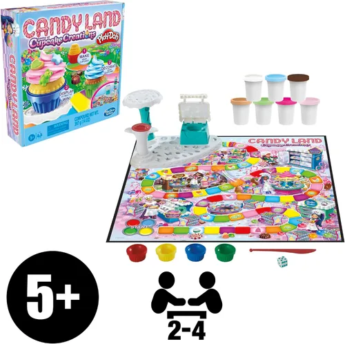 Vista 3 de Hasbro Gaming Candy Land Cupcake Creations, juego de mesa para niños con 7 latas y herramientas Play-Doh