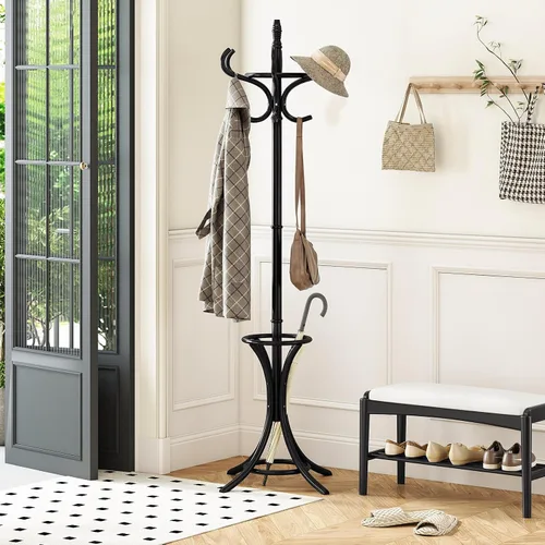 Vista 2 de Tangkula Perchero con soporte para paraguas, perchero independiente de 73 pulgadas con 12 ganchos, entrada de madera para ropa, bolsos, sombreros
