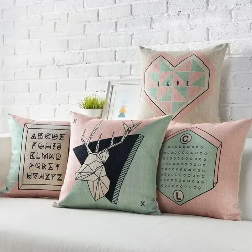 Vista 7 de Juego de 4 fundas de almohada geométricas de ciervo negro y verde de 18 x 18 pulgadas con forma de corazón, fundas decorativas para el hogar, sofá