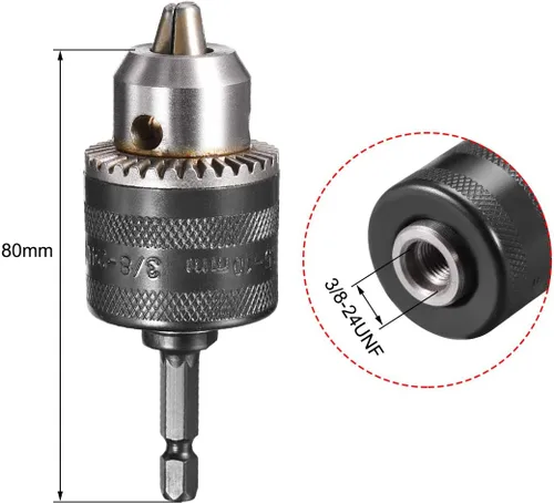 Vista 4 de uxcell Mandriles de taladro, 3/8-24UNF roscado de 0.059-0.394 in de capacidad con llave de mandril para taladro inalámbrico con cable de impacto