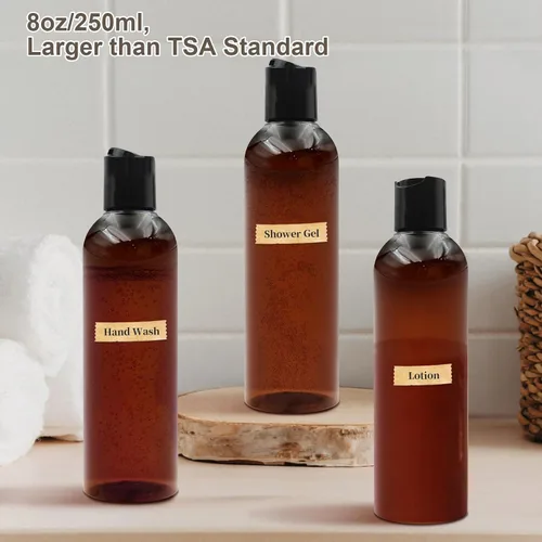 Vista 6 de Paquete de 2 botellas de plástico para champú de 8 onzas con tapas de disco, ámbar UV Protection, Leak Proof, Refillable, Travel Containers for