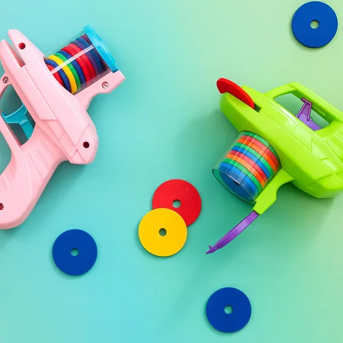 Vista 5 de Sumind 2 piezas, lanzador de discos de espuma con disparo de ráfaga (verde, rosa)