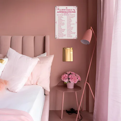 Vista 4 de Decoración de Habitación Estética Unas Cuantas Afirmaciones Diarias Arte Motivacional en Pared Letrero de Metal de Lata Rosa Mariposa para Pared