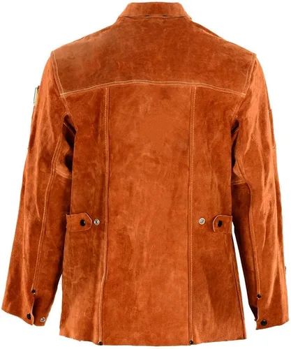 Vista 5 de QeeLink Chaqueta de trabajo de soldadura de cuero con delantal de pierna dividida, resistente al fuego, resistente al fuego, chaquetas de soldador