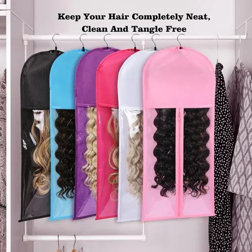 Vista 8 de Bolsas de almacenamiento para peluca con colgador: 3 piezas de extensiones de cabello, ganchos para extensiones de cabello (negro)