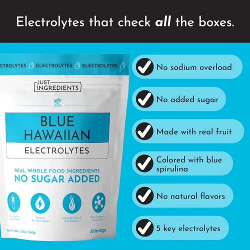 Vista 4 de Blue Hawaiian - Mezcla de bebida de electrolitos 30 porciones Agua de coco orgánica, espirulina y electrolitos de 5 llaves