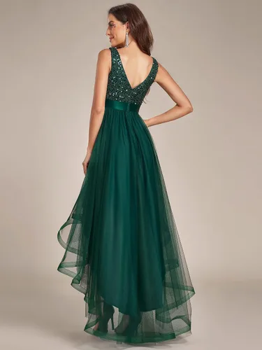 Vista 2 de Ever-Pretty Vestido de graduación para mujer, doble cuello en V, sin mangas, cintura imperio, lentejuelas, vestido formal de tul alto y bajo, 0147A