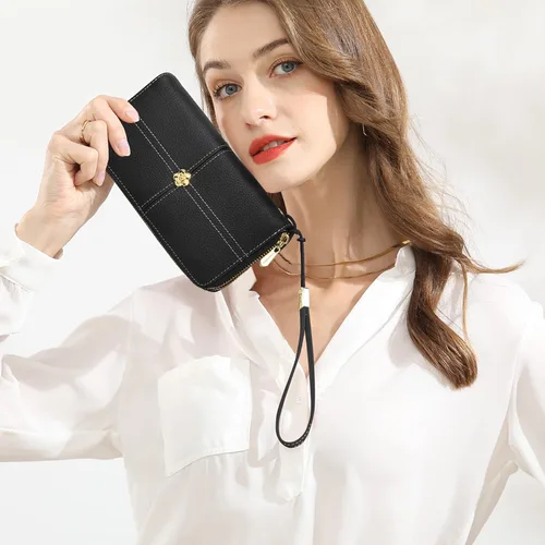 Vista 6 de Cartera de cuero real para mujer con adorno de camelia, bloqueo RFID, bolsillo para monedas, Negro, L, Clásico