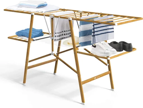 Vista 8 de VOUNOT Torre extensible plegable para ropa con 3 niveles de aspecto de madera de metal, 29.5 x 24.8 x 66.5 in