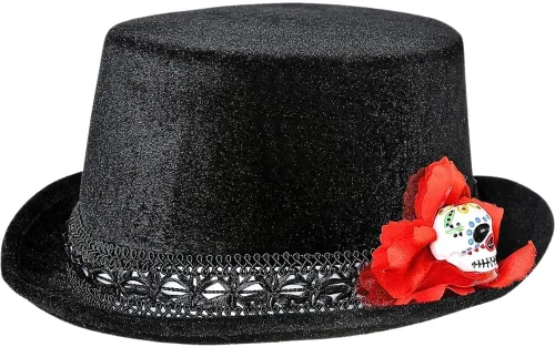 Vista 2 de Disfraz de sombrero de fiesta del Día de los Muertos para adolescentes y adultos El disfraz incluye un sombrero de terciopelo negro Disfraces