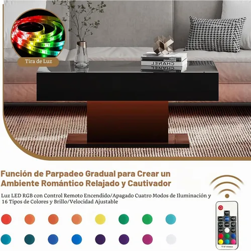 Vista 4 de HedoAjim - Mesa de café LED para sala de estar, mesa rectangular central de sala de estar, mesas de café modernas de madera con alto brillo y luces