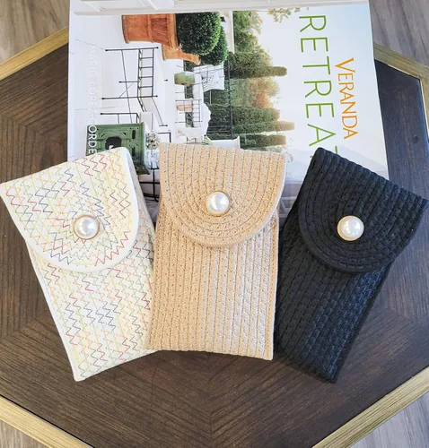 Vista 5 de Bolsa de tela tejida de ratán a mano para teléfono celular, bolsillo para tarjetas)