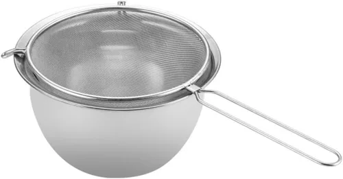 Vista 3 de Cuchara coladora de acero inoxidable con mango largo para servir alimentos y separación de aceite caliente, diseño ergonómico para cocina